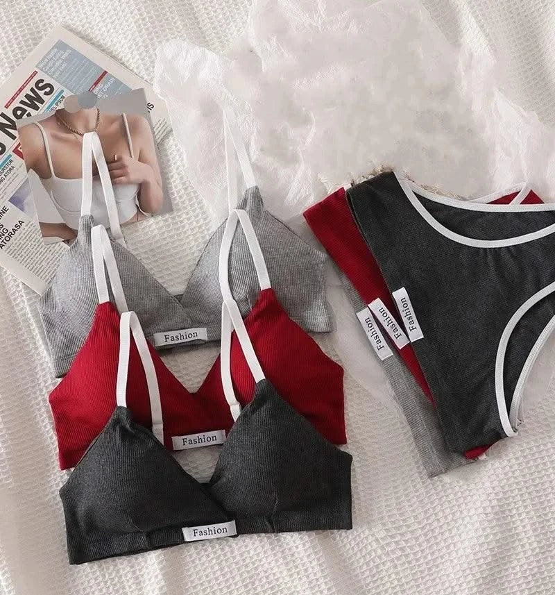 Women Cotton Bra And Panties Set Low Rise Briefs Panties Non-Wire Vneck Bras Sexy Lingerie Push Up Brassiere Female Underwear