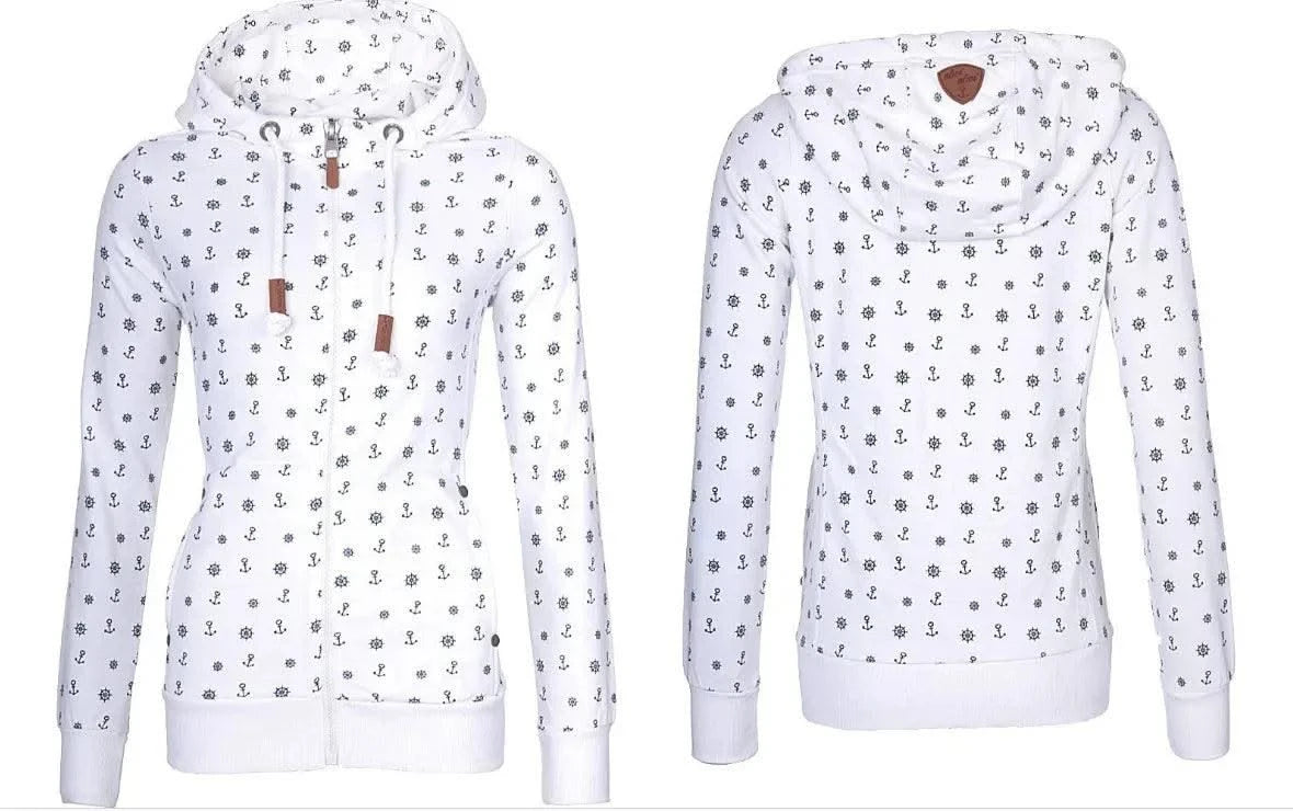 NEW Women Hooded Fleeces Oversize Sea Anchor Print Zipper coat Jumper Casual Sweatshirt Tops Autumn long sleeve hooded sw