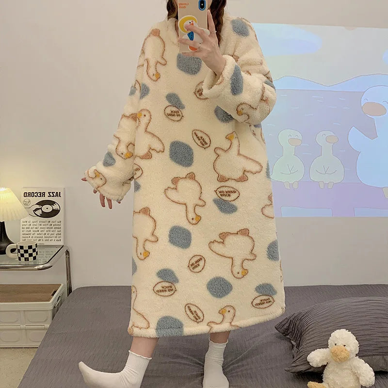 Autumn Winter Wearable Outdoors Loungewear Women Flannel Long Sleeve Cartoon Pullover Nightgown Lady Style Female Sleepwear