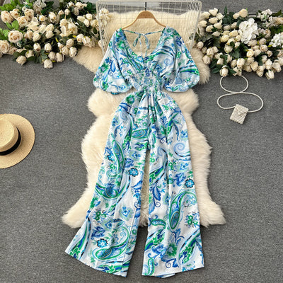 V Neck Sexy Dolman Sleeves Waist Slim Polka Dot Print Jumpsuit Women Wide Leg Trousers Jumpsuit