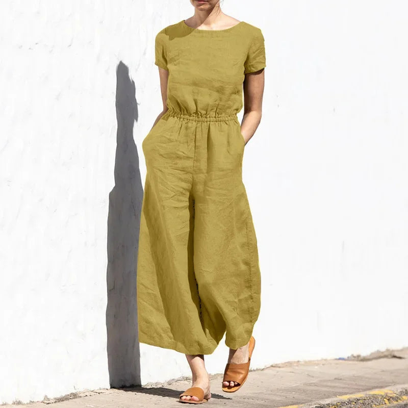 2025 Summer Short Sleeve Rompers Casual Loose Tighten Waist Solid Work Long Playsuit Elegant Women Jumpsuits Retro Overalls