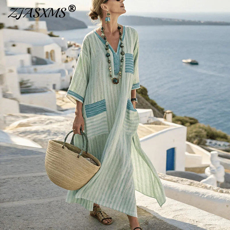 Summer For Women Elegant Bohemian Dress Fashion V -Neck Short Sleeves Long Dresses New Casual Vacation Pockets Loose Party Dress