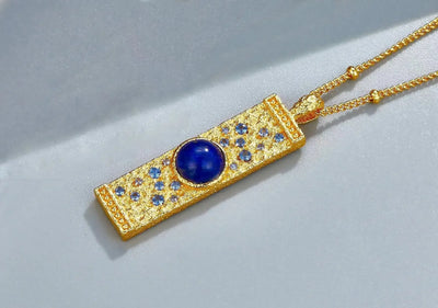 Lapis Lazuli CZ 925 Silver Gold Plated Hammered Bar Pendant Necklace Women Blue Stone Geometric Trendy Dainty Luxury Necklaces