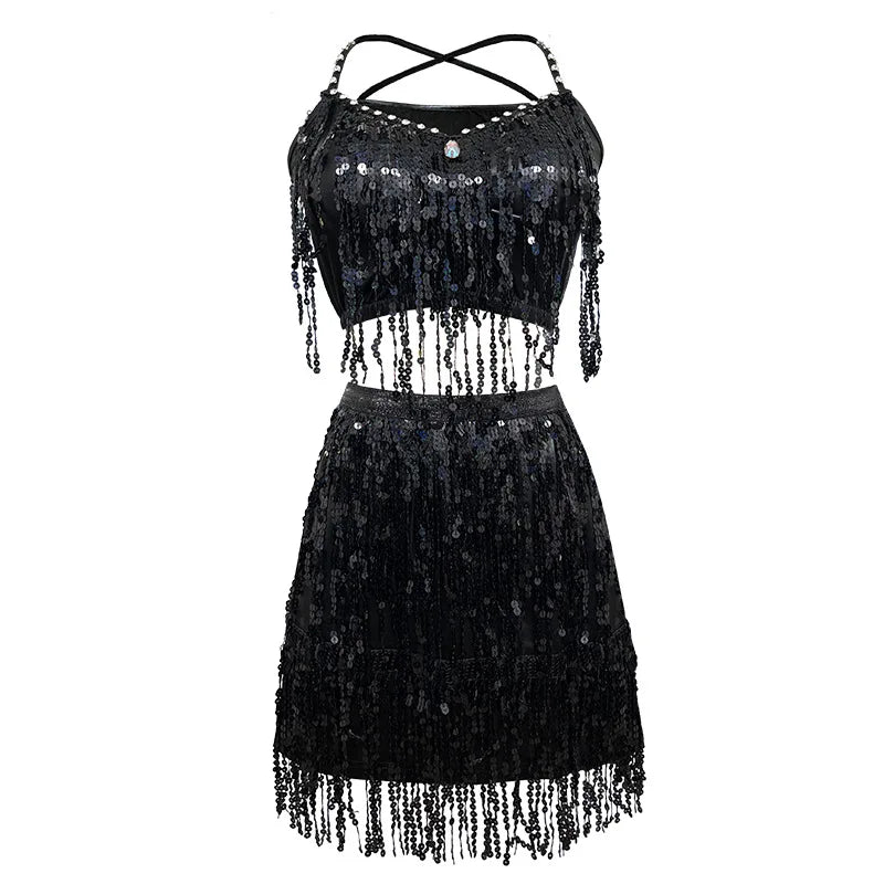 Adult Women Latin Dance Dress Halter Crop Top Glitter Fringe Half Skirt Stage Costume Sexy Gold Sliver Black Red