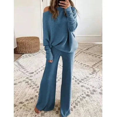 Autumn Winter Fashion 2pcs Suits 2024 Women Outfits Slanted Neck Off Shoulder Top Wide Leg Pants Two-piece Set Women Tracksuits