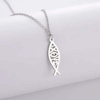 Jeshayuan Christian Jesus Fish Pendant Necklaces For Women Double Layer Stainless Greek ΙΧΘΥΣ Christian Religious Gift