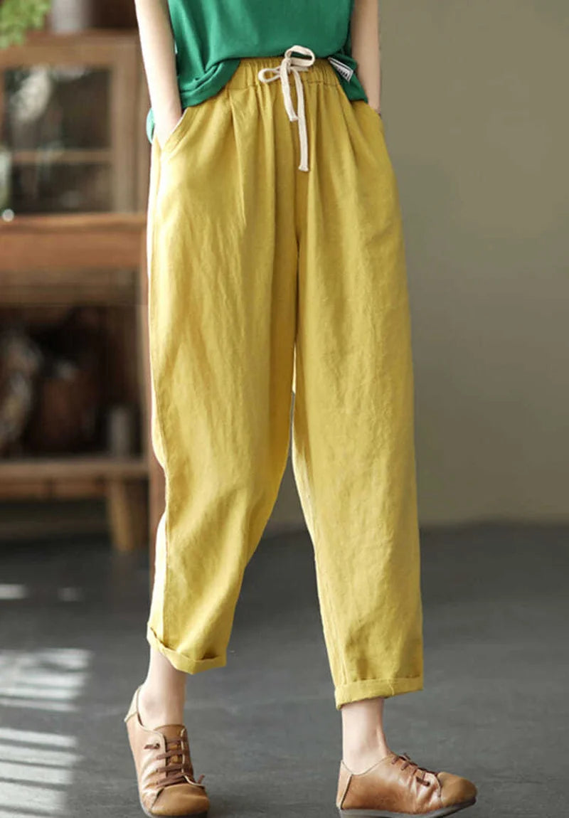 2024 Spring Summer Cotton Linen Pants Women Solid Color Casual Ankle-length Pant Woman Lace-up Waist Loose Trousers