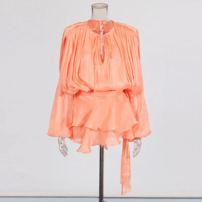 TWOTWINSTYLE Solid Spliced Lace Up Loose Dresses For Women O Neck Long Sleeve High Waist Temperament Dress Female Fashion New