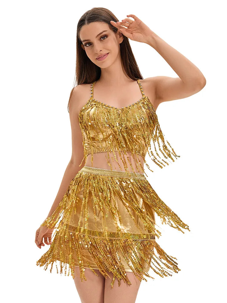 Adult Women Latin Dance Dress Halter Crop Top Glitter Fringe Half Skirt Stage Costume Sexy Gold Sliver Black Red