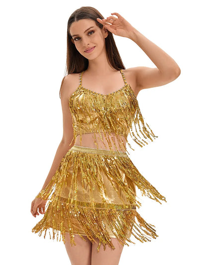 Adult Women Latin Dance Dress Halter Crop Top Glitter Fringe Half Skirt Stage Costume Sexy Gold Sliver Black Red