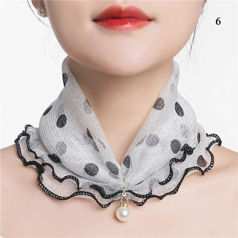 Women Ruffle Lace Scarf Pearl Pendant Chiffon Scarves Shiny Headscarf Thin High Elasticity Neck Wrap Organza Neck Collar Scarf