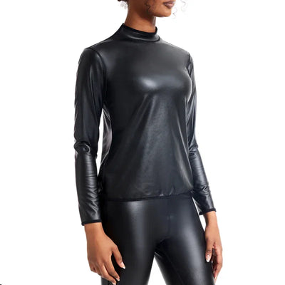 Women Stand collar Leather Long Sleeves Shirt Motorcycle Biker tops Body Shaper Waist Trainer Slim Tshirt Fashion Shapewear tops