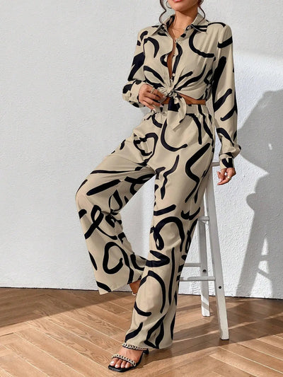 Women Clothing 2024 Autumn New Fashion Print Set Casual Button Collar Shirt Long Sleeved Wide Leg Pants Long Pants Two-piece Set
