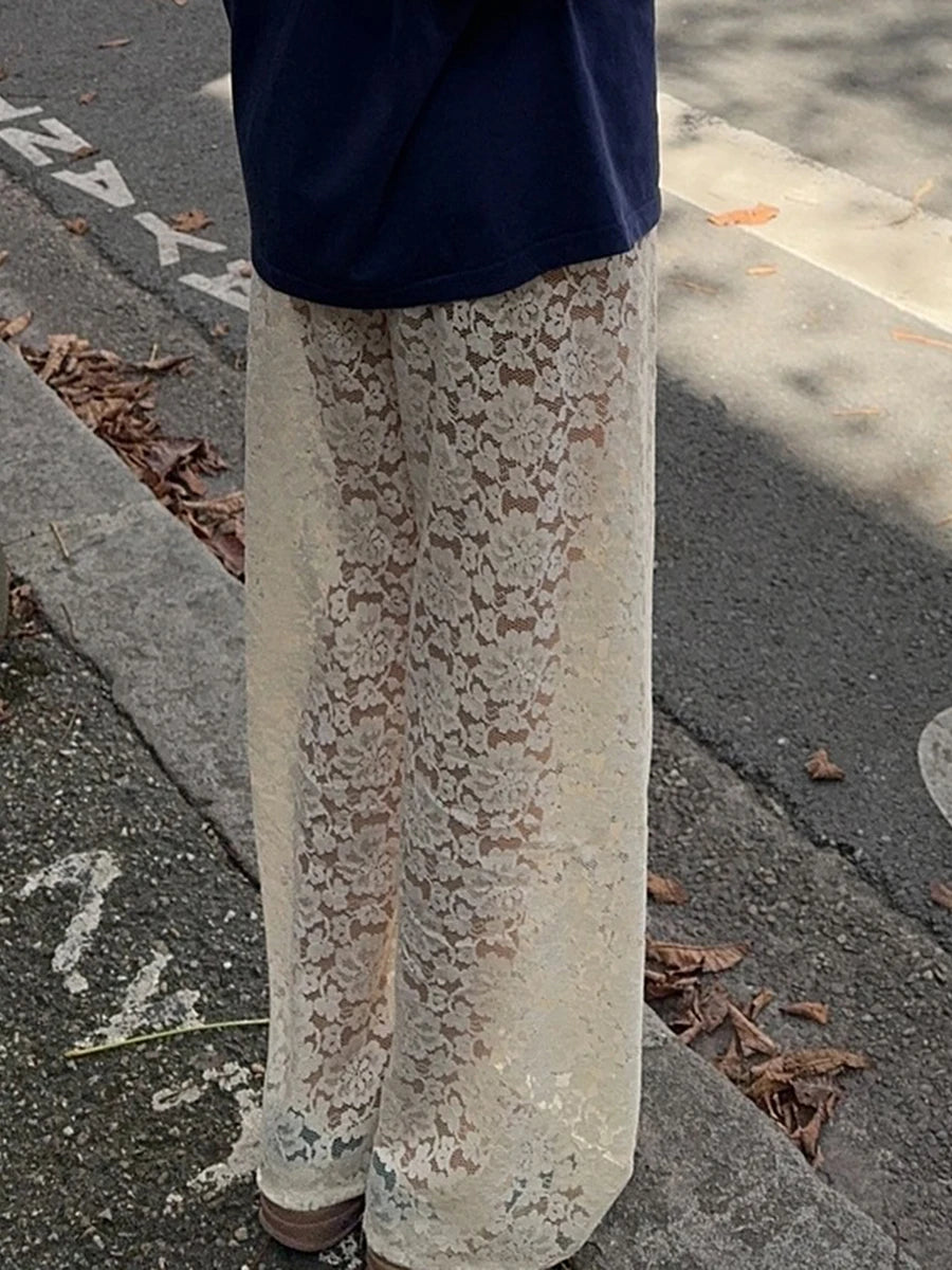 Women Fashion Lace Wide Leg Pants Casual Loose Sheer Lace High Waist Trousers for Work Office Streetwear