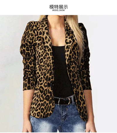 Women Casual Leopard Print Cardigan Jacket Coat Button Outwear Thin Blouses V-Neck Slim Polyester Spandex Women's Blazer