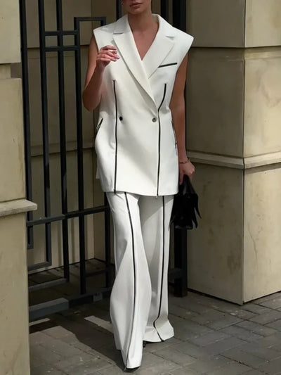 Gymystars Summer Suit Set for Women White Pants Sets Casual Contrast Color Zipper Trousers Sleeveless Shoulder Pad Vest Blazer
