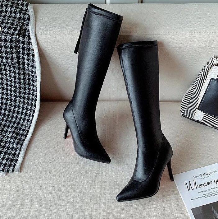 Women's Boots Elegant Heeled Long Footwear Winter Knee High Shaft Heels Shoes for Woman Pointed Toe Tassel Chic Fashion 2024 Hot