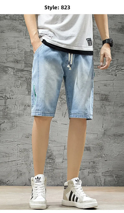 Summer Denim Shorts For Men Trendy Ripped Elastic Waist Loose Fit Casual Jeans 5 Minute Length Middle Pants