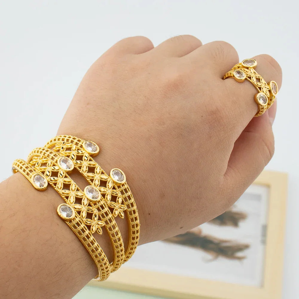 Luxury Bracelet Rings Dubai France Female 18k Gold Color Bangles For Women Bride Bangles Wedding Bracelet with Rings