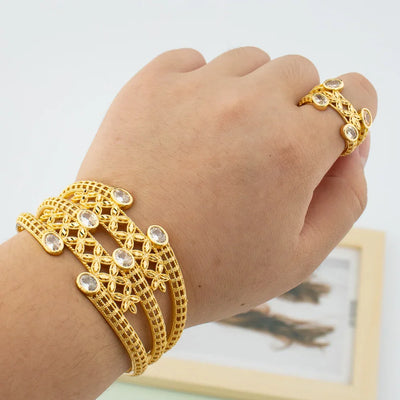 Luxury Bracelet Rings Dubai France Female 18k Gold Color Bangles For Women Bride Bangles Wedding Bracelet with Rings