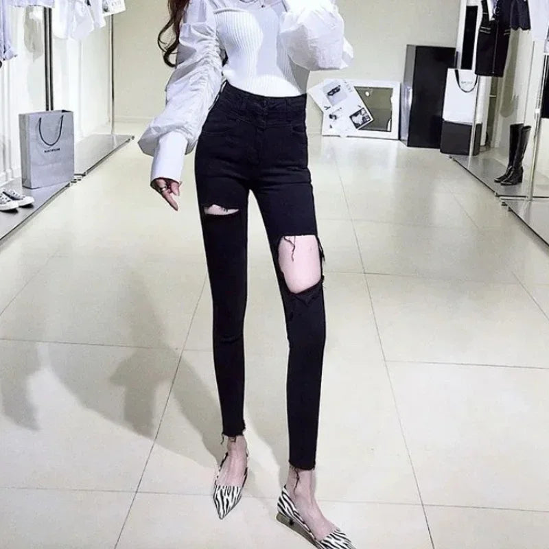 Skinny Pencil Slim Fit Women's Ripped Jeans 90s South Korea Cheap Summer Cowboy Pants for Woman Korean Fashion Xxl Torn Trousers