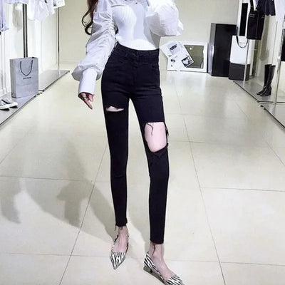 Skinny Pencil Slim Fit Women's Ripped Jeans 90s South Korea Cheap Summer Cowboy Pants for Woman Korean Fashion Xxl Torn Trousers