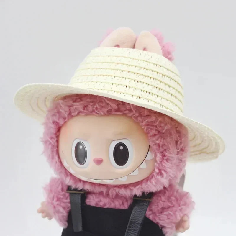 Labubu open top straw hat, party clothing accessories, rustic style Labubu baby clothes decoration accessories (hat only)