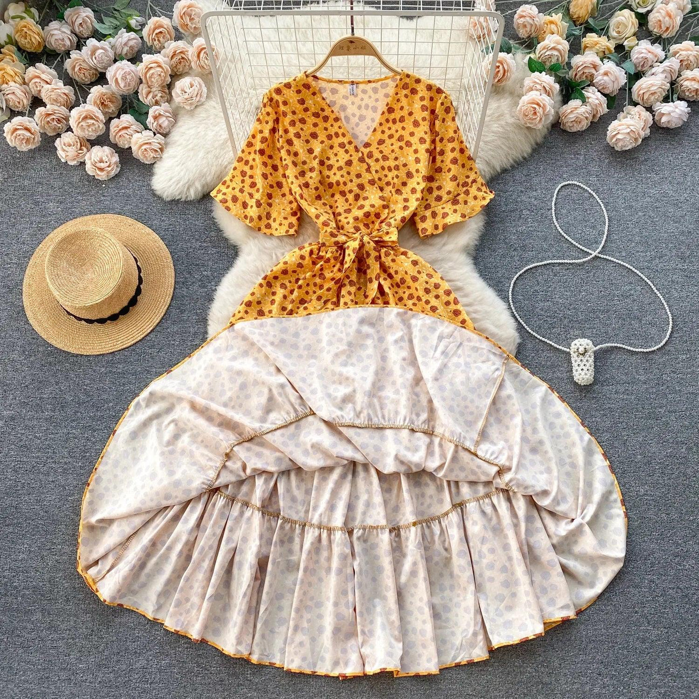 French Chic Dress Beach Style Floral Print Dresses Female V-Neck New Summer Ruffles A-Line Vestidos Women Clothes