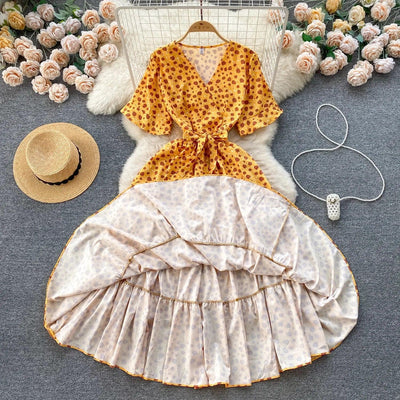 French Chic Dress Beach Style Floral Print Dresses Female V-Neck New Summer Ruffles A-Line Vestidos Women Clothes