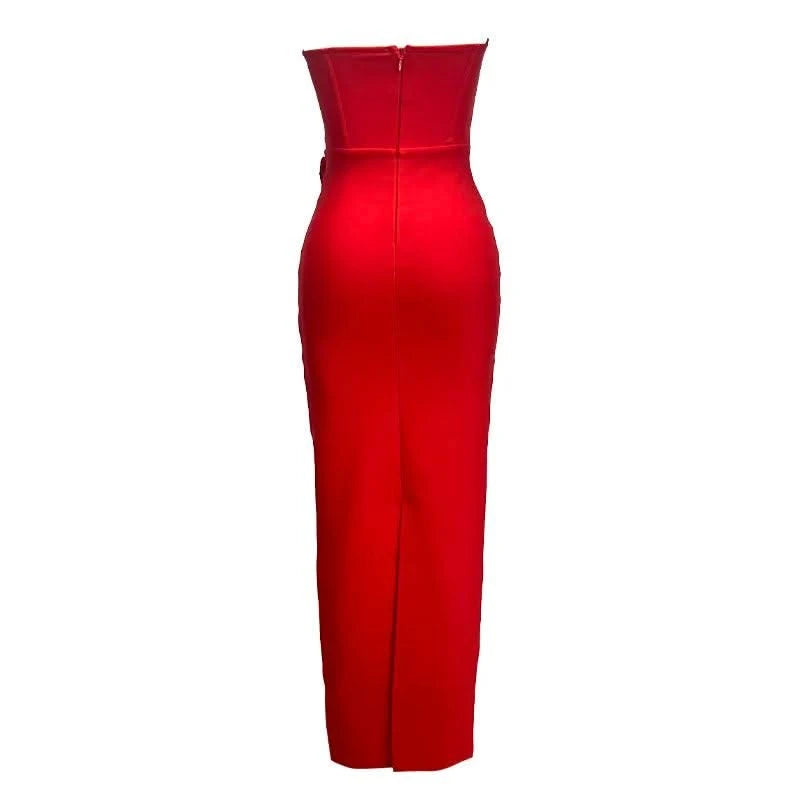 Pink Red Color Women Sexy Strapless Off the Shoulder Florals Bodycon Long Bandage Dress Celebrate Fashion Evening Party Outfit