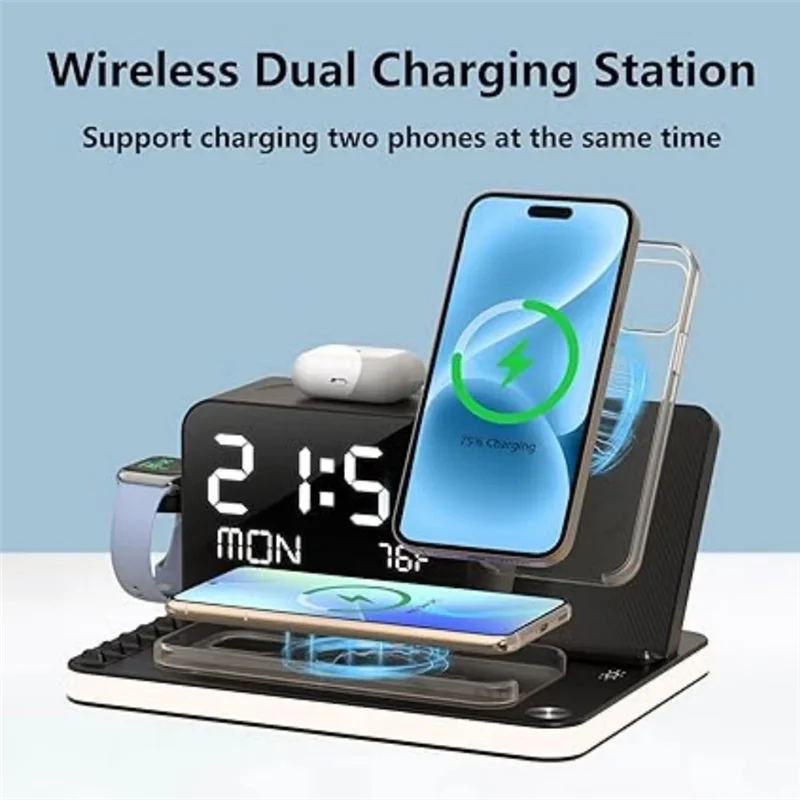 Wireless Charging Station Withtime Display Multifunctional Charging Accessories Compatible Withmultiple Devices-ABIU