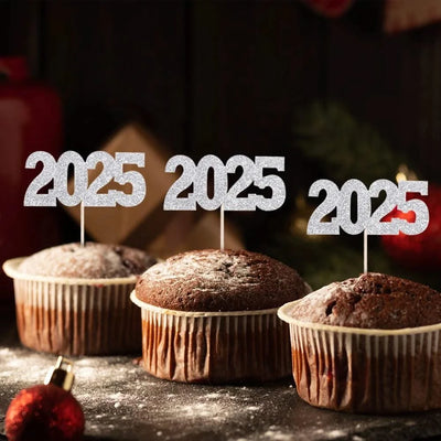 12pc Glitter 2025 Number Cupcake Toppers Happy New Year Party Cake Decoration Christmas Graduation Party Cake Toppers Home Items