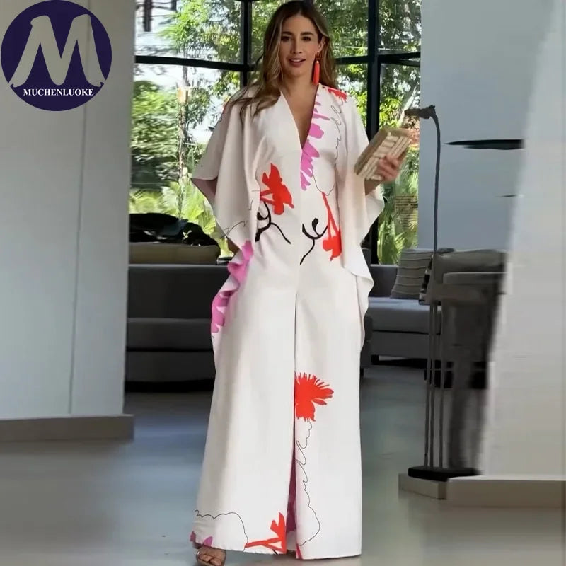 Jumpsuits for Woman Summer Printing Three Quarter Sleeves V Neck Jumpsuits Fashionable Casual Loose Women's Wide-leg Jumpsuit