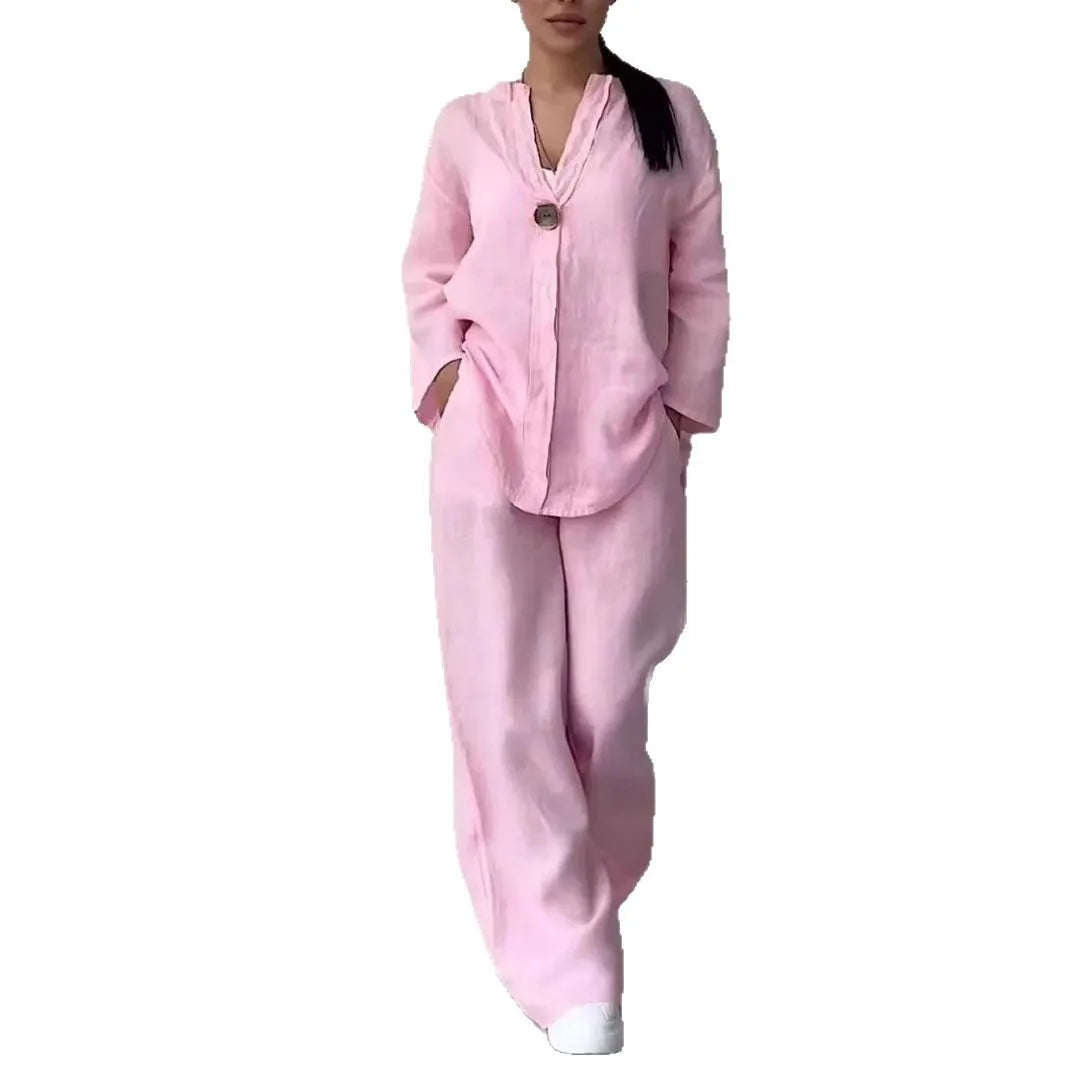 Comfortable Loose Cotton Linen Women's two pieces set Top Wide Leg Pants Casual  Fashion Set Suits Spring Summer Wear Outfits