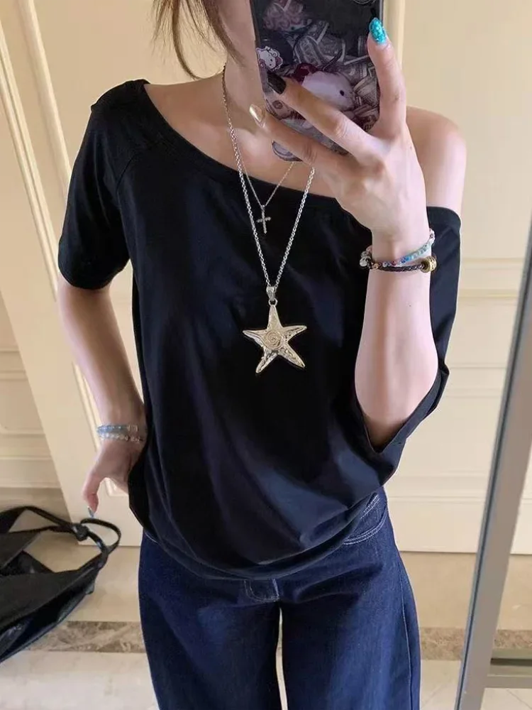 T-shirts Women Niche Design Off Shoulder Solid Short Sleeve Summer Chic Loose Casual Daily Simple Sexy Korean Trendy Street Tops