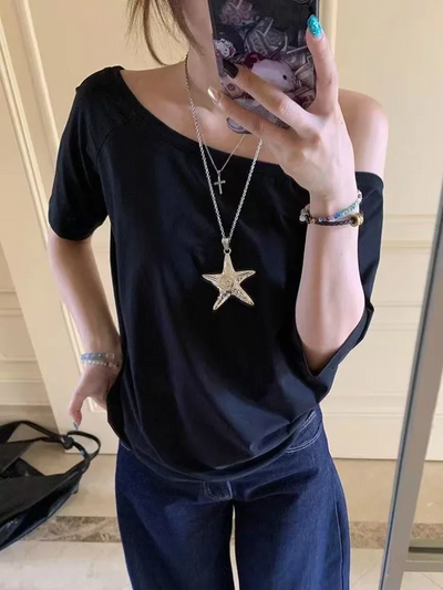 T-shirts Women Niche Design Off Shoulder Solid Short Sleeve Summer Chic Loose Casual Daily Simple Sexy Korean Trendy Street Tops