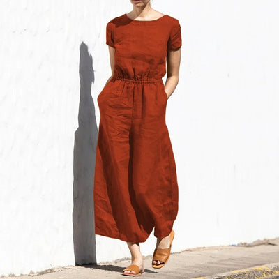 2025 Summer Short Sleeve Rompers Casual Loose Tighten Waist Solid Work Long Playsuit Elegant Women Jumpsuits Retro Overalls