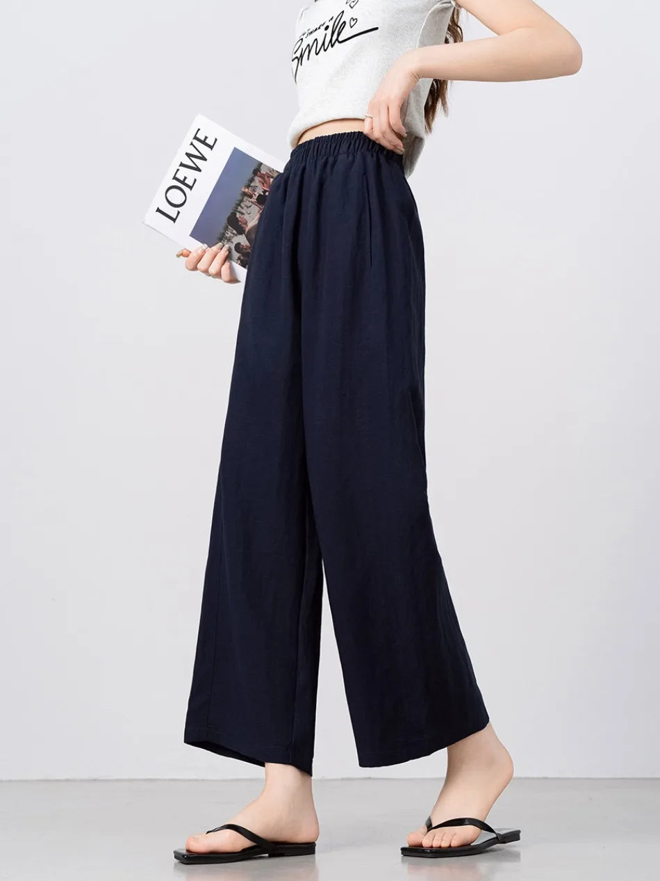 New Wide-leg Pants Women Clothing Summer Thin Loose Straight Casual Pants Solid High Waist Drape Nine-point Literary Pants