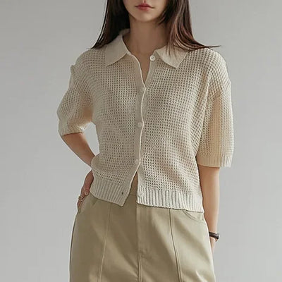 Women's Shirt Knit Solid-colored Short-sleeved Sweaters Tops All-match Pullovers T-shirt Polo-neck Crop Tops Girl's Tees Summer