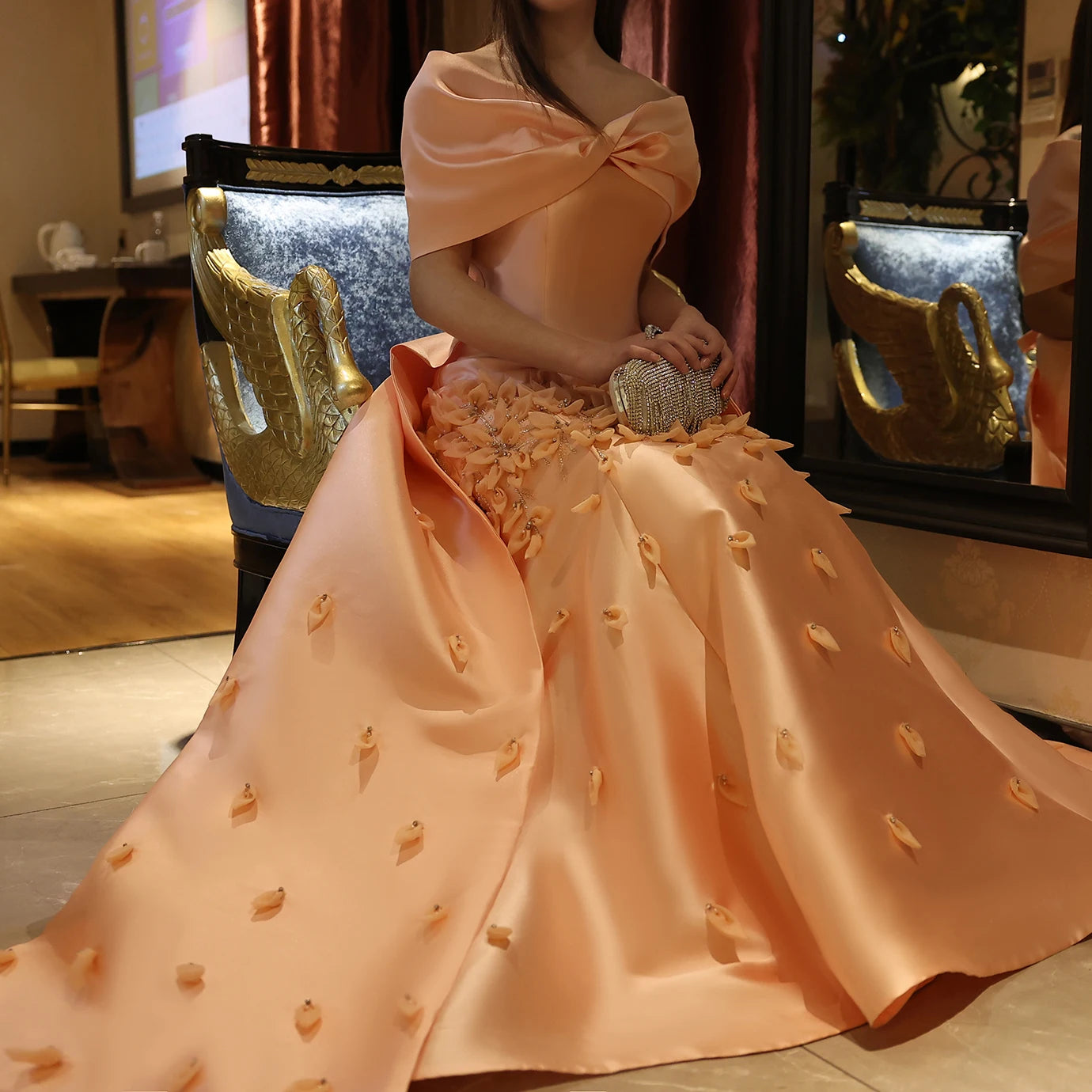 Sharon Said Luxury 3D Flowers Blush Pink Satin Mermaid Evening Dress Off Shoulder Women Wedding Prom Party Gown SS464 Customized