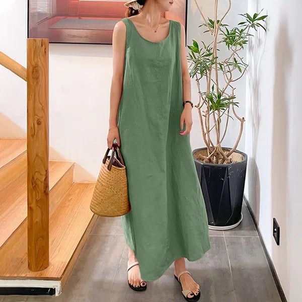 Fashion Casual Boho Dress For Women Summer Elegant Sleeveless Sundress Solid Beach Party Loose Dresses Robe Femme New Vestidos