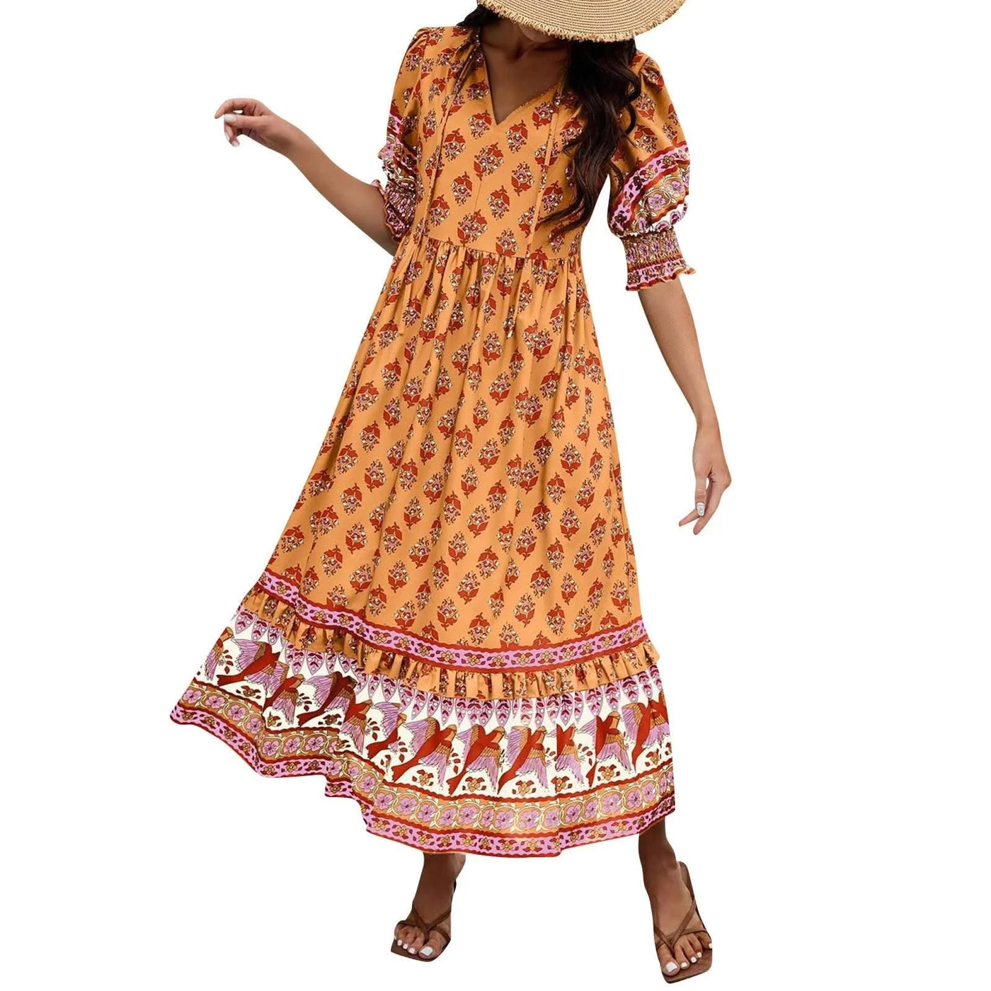 dresses for women Fashion summer Casual long dresses Bohemian V-Neck Printed High Waisted Big Swing Dress vestidos cortos