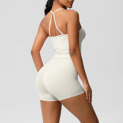 2PCS Sportswear With Pocketed Yoga Set Gym Clothes Yoga Suits For Women Tracksuits Sports Shorts Crossover Bra Gym Leggings