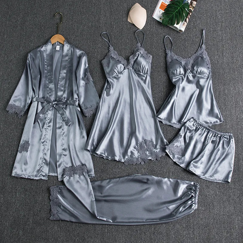 Women's Summer Sexy Pajama Pants Set 5 Pieces Nightgown Nightdress Top Shorts Pants Set Lace Satin Silk Sleepwear Robe Sleepwear