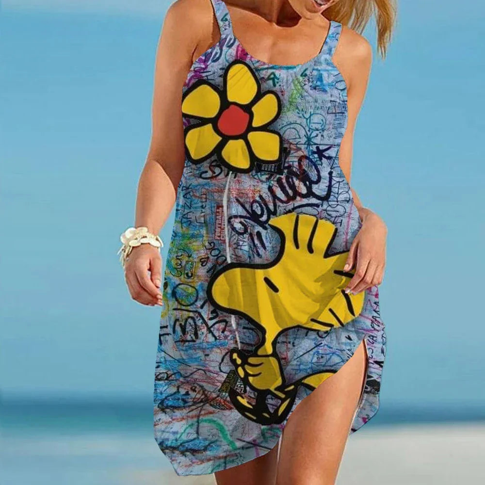 Snoopy Kawaii Women's Beach Dresses Leisure Boho Sanrio Elegant Chic Dress Sling Y2k S-3XL 2024 Summer Youthful Woman Clothes