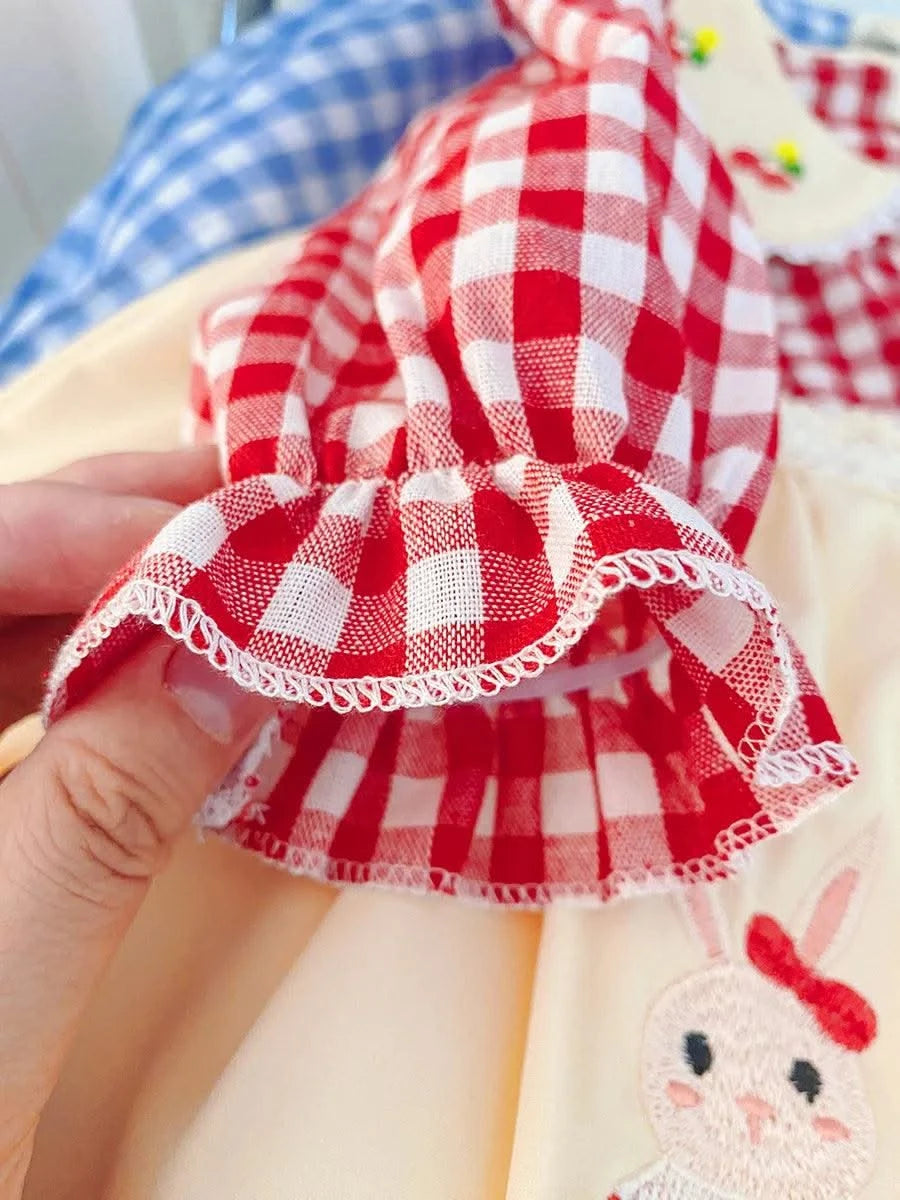 Rabbit Embroidery Cherry Lace Checkered  Peter Pan Collar Dress For Toddler |Girl  1-4Y Infant Girl Princess Dress|New Arrival