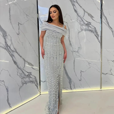 Luxury Dubai Off the Shoulder Evening Dress for Women 2025 Elegant Beads Slit Mermaid Formal Wedding Prom Party Gown Customized