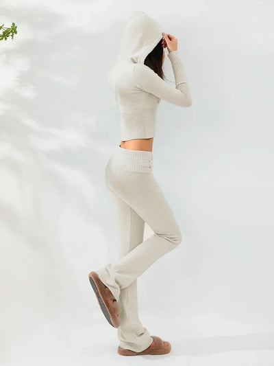 Women Tracksuit  Knit Lounge Set Long Sleeve Zip Up Hoodie with High Waist Wide Leg Pant 2 Piece Sweater Ensemble Casual Set