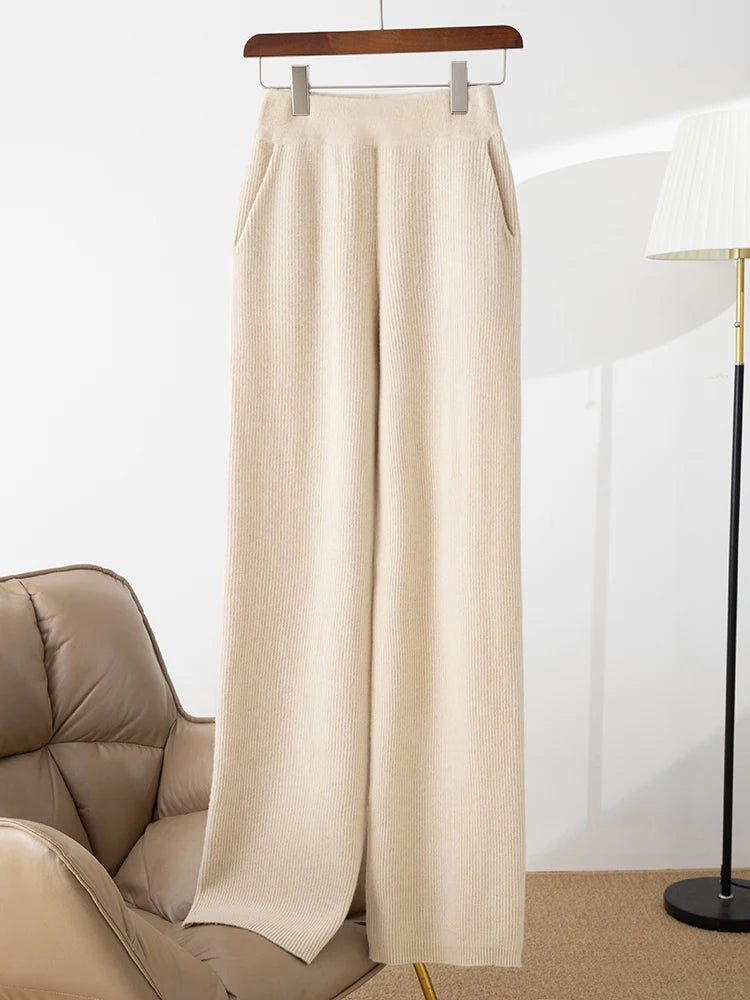 100% merino wool women's knitted trousers, fashionable, warm, drawstring, pockets, wide-leg pants, new autumn and winter 2024