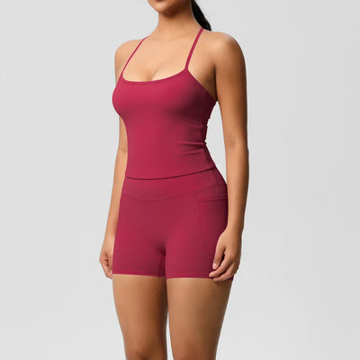 2PCS Sportswear With Pocketed Yoga Set Gym Clothes Yoga Suits For Women Tracksuits Sports Shorts Crossover Bra Gym Leggings